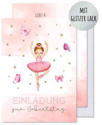 Generisch 12x Einladungskarten Kindergeburtstag Mädchen Ballerina mit Glitzer