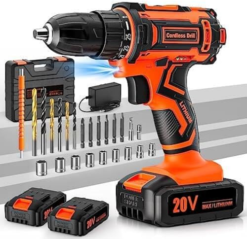 Acmaker Cordless Drill, 20V Drill Set with 2 Batteries 2000mAh, Electric Screwdriver, 42Nm Max Driver, 25+1 Torque, Speed, LED Light, 24Pcs Accessories, for Home & DIY Project, Orange (20VDZ)
