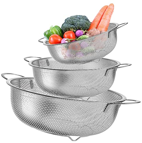 Juego de 3 coladores de cocina perforados de acero inoxidable con asas, colador microperforado, colador de metal para escurrir y preparar pasta, arroz, frutas, verduras, lavavajillas, 16 cm/22 cm/28