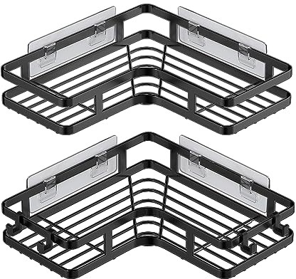 ZVZM Duschablage Ohne Bohren Schwarz Eckregal, Duschregal 2er-Pack, Badregal Ohne Bohren, Shower Shelf Mit 4 Haken, Shampoo Halterung für Dusche, Dusche Halterung für Badezimmer, Küche.