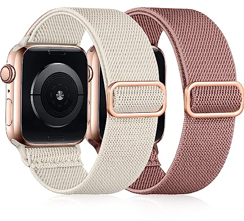 Easuny 2 Pack Elastic Strap Compatible with Apple Watch Strap 38mm 40mm 41mm 42mm, Adjustable Soft Nylon Band for iWatch Series 11 10 9 8 7 6 5 4 3 2 1 SE Ultra for Women Men, Nude Pink/Starlight