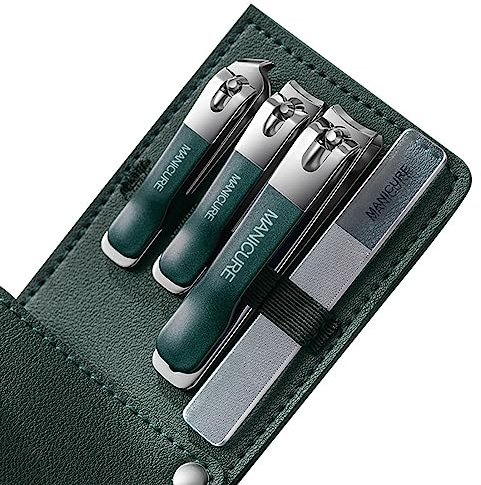 Lot de 4 coupe-ongles, fabriqués en acier inoxydable robuste, coupe-ongles, coupe-ongles, lime à ongles avec étui en cuir synthétique, convient pour ongles épais hommes femmes vert foncé