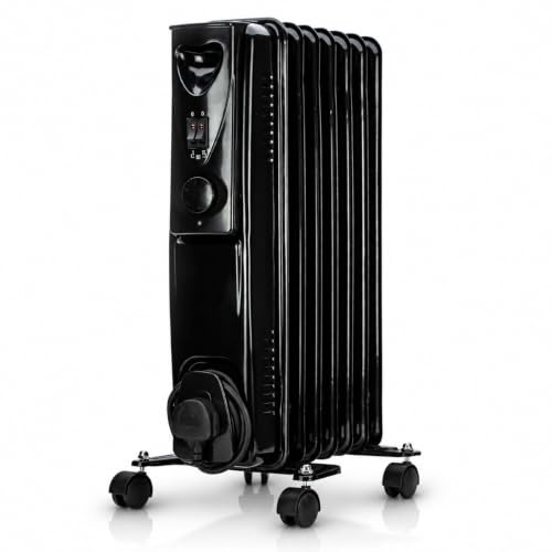 STATUS 7-Fin Oil-Filled Radiator 1500W Portable Heater, 3 Heat Settings, Adjustable Thermostat, Overheat and Tip-Over Protection, Black (OFHB7-1500W1PKB)