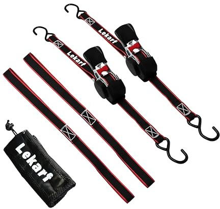 Lekarf Ratchet Straps, Retractable Ratchet Tie Down, 2PC Pack 1” x 12' with Breaking Load of 1200Lbs, 2 Loop Straps and Storage Bag for Motorcycle, ATVs, Boats, Hauling, Cargo Secure