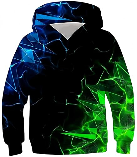 Ocean Plus huvtröja för pojkar, djurtryck, huvtröja med tryck, huvtröja för barn, sweatshirt med huva, Blågrön geometri, 12 �r