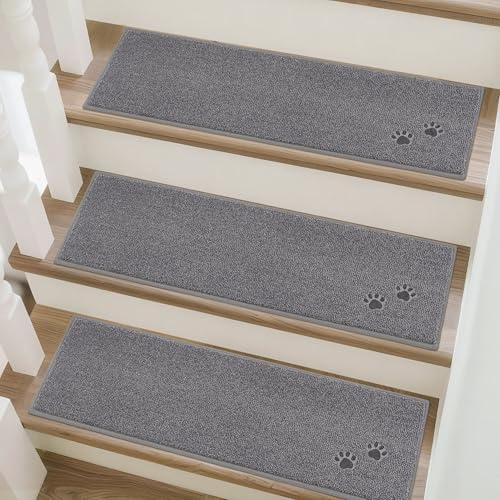 BEQHAUSE Stair Treads, Non Slip, Easy install, Polyester, Gray, 4pcs | 22x70 cm Stair Runner, Washable Machine, Suitable for Wooden Floors,Marble etc,Slip-Resistant for Kids, Elders, Pet-Friendly