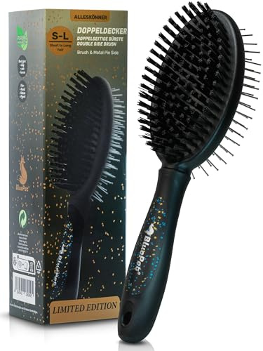 BluePet 2in1 Hundebürste Langhaar & Kurzhaar, Borstenbürste Welpe & Katze | Doppelseitige Bürste für Hunde und Katzen. Glätten, Entwirren & Ausbürsten. Sanfte Doppelbürste. Entfernt Knoten und Schmutz.