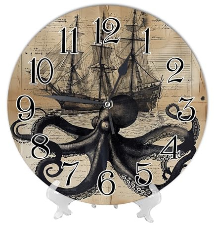 Ocean - Orologio da parete senza cornice, stile nautico, stile vintage, con stampa con polpo e nave pirata, nero, avorio, PVC, silenzioso, impermeabile, per camera da letto, cucina, 25,4 x 25,4 cm