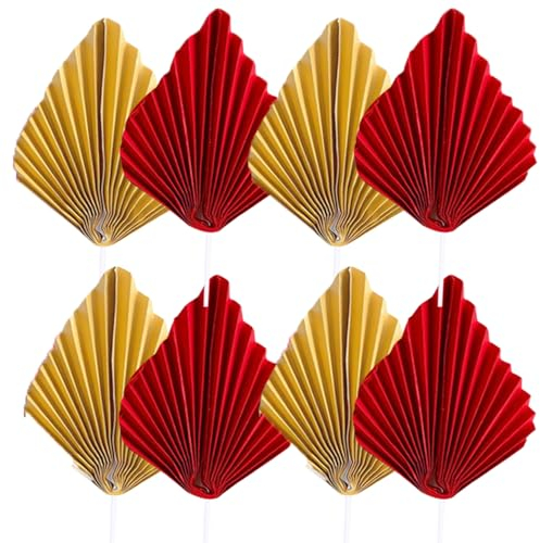 8 decorazioni per torte a ventaglio in carta a forma di palma, lancia, foglia rossa dorata e rossa, decorazione per torte fai da te per feste di compleanno e matrimoni