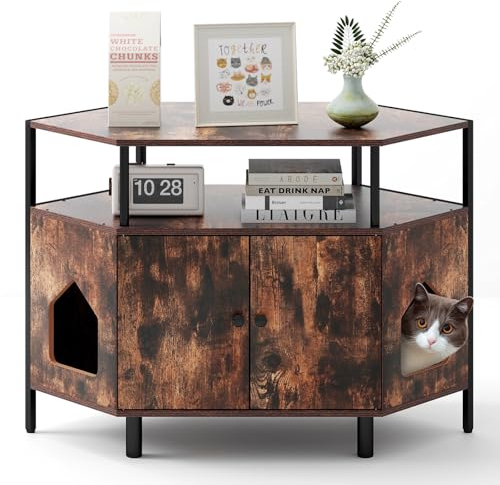 COSTWAY Katzenschrank Katzentoilette, Katzenklo-Schrank für Ecke, Katzenhaus mit 2 Türen & 2 Eingängen & Regalen, Katzenmöbel für Katzen Hunde Haustier, Katzenhöhle mit Metallbeinen (Braun)
