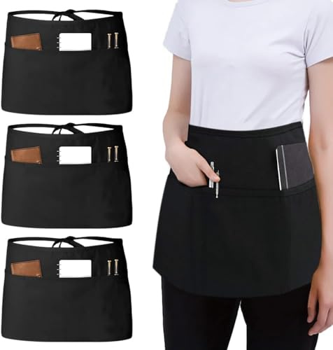 Casenly 3 Stück Kellnerschürze, Vorbinder Schürze 60x30cm Taillenschürze mit 3 Taschen Herren Damen Schwarze Bistro Schürze Wasserdichte Halbe für Cafe Küche Restaurant Bar Gärtnern Malen