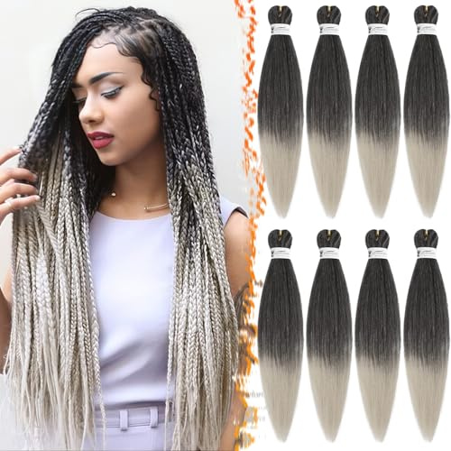 BARSDAR Pre Stretched Braids Extensions, 66cm 8 Packs Ombre Grau Lange Braiding Hair Pre Stretched Synthetik Crochet Braid Hair Hot Water Setting Yaki Easy Braids - T1B/Silber#