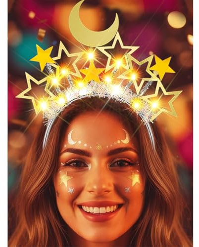 Zoestar Star Moon LED Krone Stirnband Gold Sterne Leuchtende Stirnbänder Leuchtende Kopfbedeckung Festival Party Kostüm Haarschmuck für Frauen