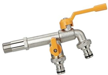 TYMYW Robinet Double Sortie Jardin Raccord De 1/2 Pouces avec 2 Raccords De Tuyaux, Robinet De Jardin En Laiton Antigel Jaune Chromé