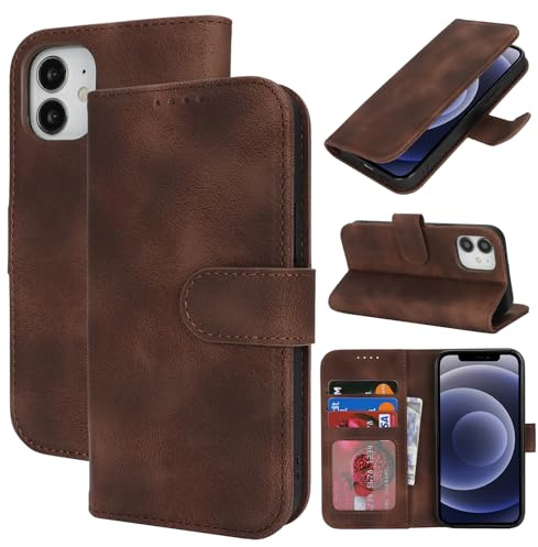 Zouzt Hülle für iPhone 12 Mini (5,4) Premium PU Leder, Vintage Dunkelbraun | Handyhülle mit Kartenfächern, Magnet Klapp Schutzhülle, Stoßfeste TPU-Innenhülle, Frauen Männer, Leather Wallet Phone Case