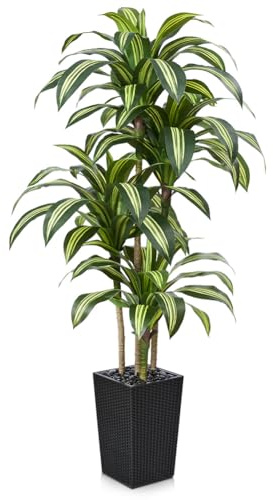 VeriNatural Künstlicher Drachenbaum 180 cm Kunstpflanzen Groß - UV-beständige künstliche Pflanze mit 76 Blättern, Schwarze Topf & Flusssteinen - Deko Pflanze für Wohnzimmer Büro Indoor Outdoor, VN127