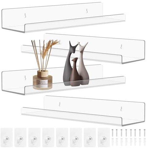 4 Supporto per Dischi in Vinile, Mensole da Muro senza foratura, 8 x 30cm, Mensole in Acrilico per Dischi, Foto Album e Collezioni per Organizzazione Camera da Letto, Soggiorno, Bagno (Trasparente)