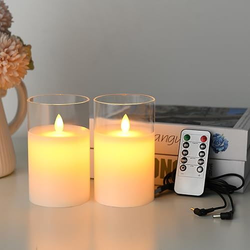 Lonkenn Bougies LED Rechargeable, Lot de 2, Bougies Sans Flamme avec Télécommande et Minuterie, Bougie Electroniques en Verre Transparent, pour Mariage, Anniversaire, Décoration D'intérieur, 10cm