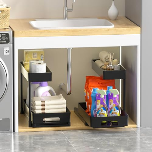 Cinnani Set da 2 Organizer Sottolavello Cucina 2 Livelli,Scaffale Sottolavello Cucina Estraibile,Organizer Sottolavello Forma a L,Multiuso sotto Lavello per Cucina Bagno