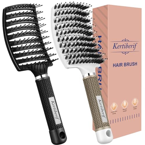 Kertiberif Curved Vented Hair Brush with Boar Bristles, Detangling Brush for Wet and Dry Hair, Paddle Hairbrush for Women Men Kids Curly Thick Fine Long Short Hair (2 Pack, Nylon & Boar Bristle)