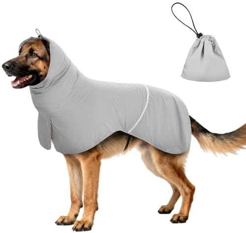 Wasserdichter Hunderegenmantel mit Reflektorstreifen & Leinenöffnung - Atmungsaktiver Regenjacke für Hunde Aller Größen, Winddicht und Verstellbar für Kleine, Mittelgroße & Große Hunde (Grau, L)