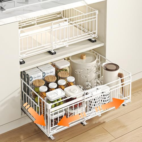 HABITELLO Cassetti Telescopico da Cucina in Metallo Senza Fori né Viti Cassetto Estraibile Cucina Adesivo Forte, Espandibile 32.5-50cm (Style B Bianco, 2 Pezzi)