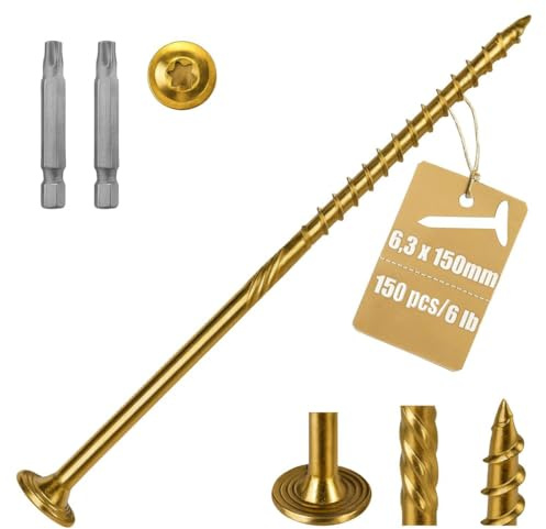 Viti a Testa Piatta 6,3 x 150 mm / 150 pezzi, Set di Viti per Legno Zincate Torx, con Punta a Stella T30