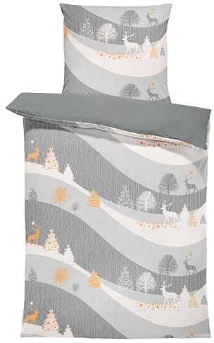 one-home Winter Biber Bettwäsche Baumwolle Kuschelig Flauschig Warme Weiche Flanell Bettbezüge Modern, Größe:2 teilig 155x220 cm, Farbe:Rentiere Winterlandschaft grau