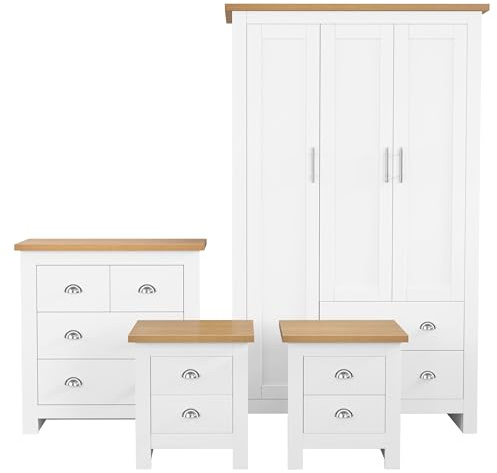 Blisswood Bedroom Furniture Sets with 3 Door Wardrobe & 2+2 Drawer Chest of Drawers + 2 Drawer 2 Bedside Table Bedroom Set for 4 Piece Bedroom Storage furniture (White & Oak)