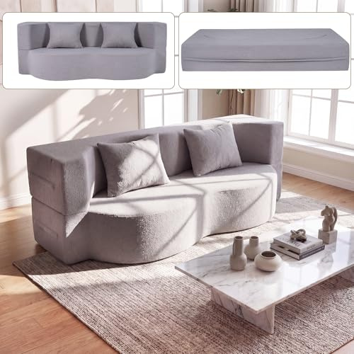RELAX4LIFE Schlafsofa, Boneless Bodensofa mit Schlaffunktion, Teddy-Fleece Klappsofa mit 2 Kissen, umwandelbares Kompressionssofa, Schlafcouch für Wohnzimmer, Schlafzimmer, Gästezimmer (Grau)