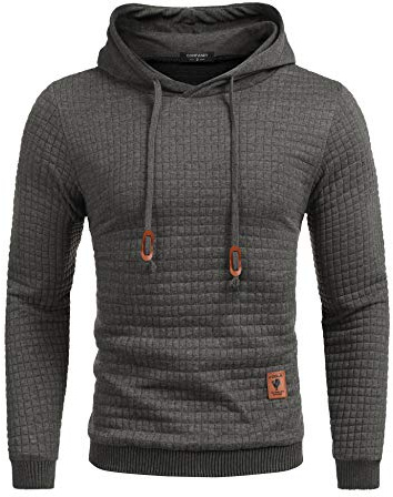 COOFANDY Huvtröja för män, hipster, overhead gym, långärmad arbetströja, dragsko, rutig jacquard, vinterpullover, huvtröjor, mörkgrå, L