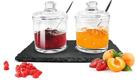 Set di 2 barattoli per spezie su piastra in ardesia con cucchiaio, per parmigiano, marmellata, miele, zuccheriera, saliera