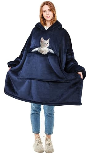 Solaris Oversized Wearable Blanket Hoodie with Large Pocket, Warm Super Soft Cozy Sherpa Sweatshirt Hoodie for Women Men, Best Gift for Your Loves, Deep Blue