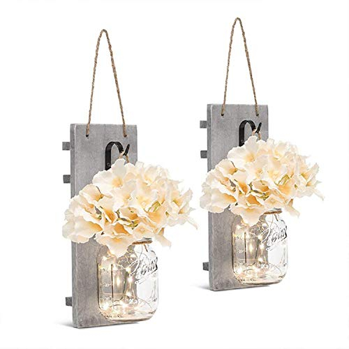 Mason Jar Wall Sconces LED Fairy Lights, Vintage Retro Wooden Board Bottle LED String Light Home Kitchen Patio Garden Hanging Decoration(2 Pack) (Without Remote)
