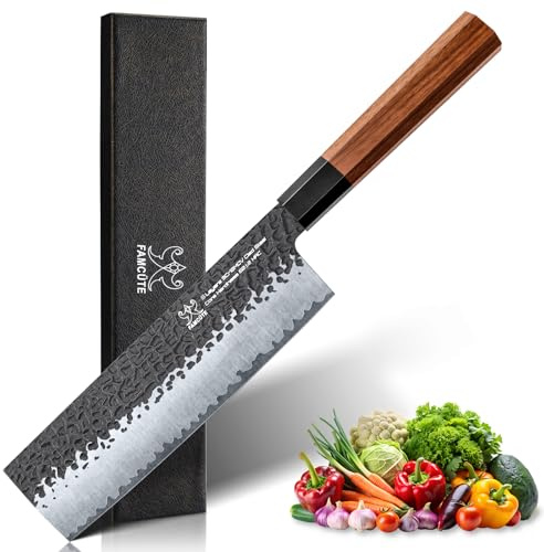 FAMCÜTE 7 Inch Japanese Nakiri Knife, Hand Forged 5 Layers High Carbon 9CR18MOV Steel Rosewood Handle Chef Knife, Efficiency Cutting Professional Japanese Knife, A Thoughtful Kitchen Gifts for Mom/Dad