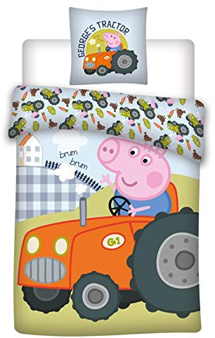 036 Peppa Pig Bed Linen, Cot Linen, Peppa Pig George’s Tractor, Reversible Bedding, Cushion Cover 40 x 60 + Duvet Cover 100 x 135 cm, 100% Cotton Eco-Tex