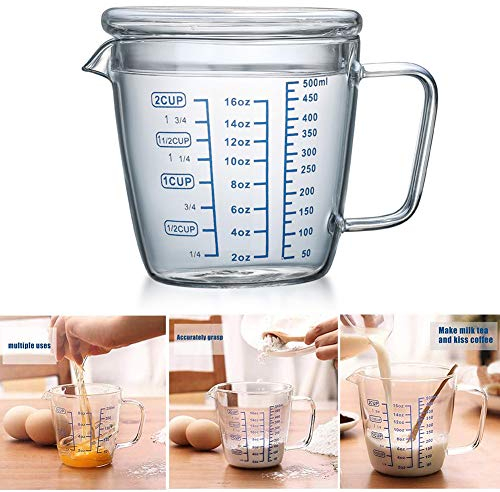 Glass Measuring Cup,500ml Heat Resistant High Borosilicate Transparent Measuring Jug with Lid and Scale Ounce Measure Mug for Microwave,Tea,Cafe,Whiskey,Milk (500ml)