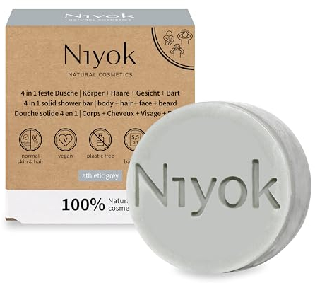 Niyok® 4-in-1 Feste Dusche Athletic Grey (80g) • Seife für Körper + Haare + Gesicht + Bart • Nachhaltige All-in-One Körperpflege • Feste Duschseife, festes Shampoo, feste Gesichtsreinigung