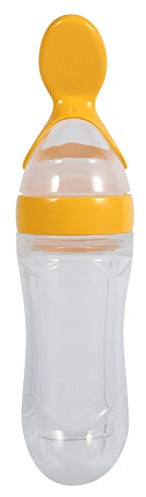 Kuuleyn Biberón de alimentación de cereales para bebés, Cuchara de bebé, 1 botella de silicona de 90 ml con alimentador de cuchara para exprimir cereales para alimentos frescos calientes (Amarillo)