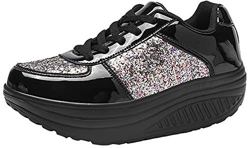 ANUFER Femmes Super Poids Léger Plate-Forme Baskets Lacer Compensé Chaussures de Sport Noir SN070680 EU38