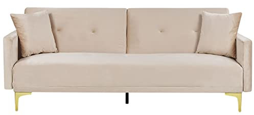 Beliani 3-Sitzer Schlafsofa Samt beige gesteppt mit Metallbeinen Gold 2 Kissen Lucan