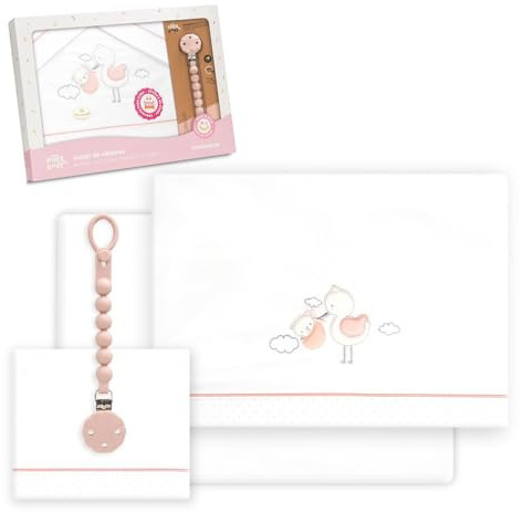 mibebestore Sabanas 100% Algodón Cuna 60X120 Cigüeña Rosa - (Bajera+encimera+Funda Almohada)