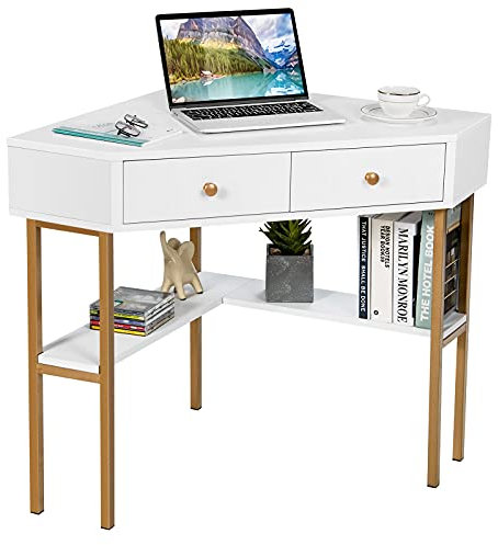 COSTWAY Escritorio Rinconera para Ordenador, Mesa de Trabajo Esquinera Salva Espacio con 2 Cajones y Repisas, Tocador Triangular para Pequeños Espacios 70,5 x 70,5 x 75 cm (Blanco)