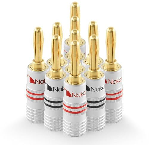Nakamichi 24K vergoldeter Bananenstecker 12 AWG - 18 AWG Gauge Größe 4mm für Lautsprecher Verstärker Hi-Fi AV Receiver Stereo Heimkino Audiokabel Stecker schraubbar 10 Stück (5 Paar)