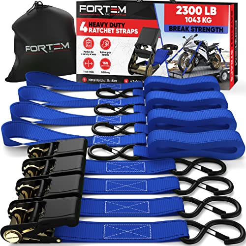 FORTEM Ratchet Straps, 1043kg Break Strength, 4 Pack 4.6m x 2.54cm Tie Down Strap Set, 4 Soft Loops, Motorcycle Straps Tie Downs, Cargo Cam Buckles, Rubber Handles, Safety Lock S Hooks, Carry Bag