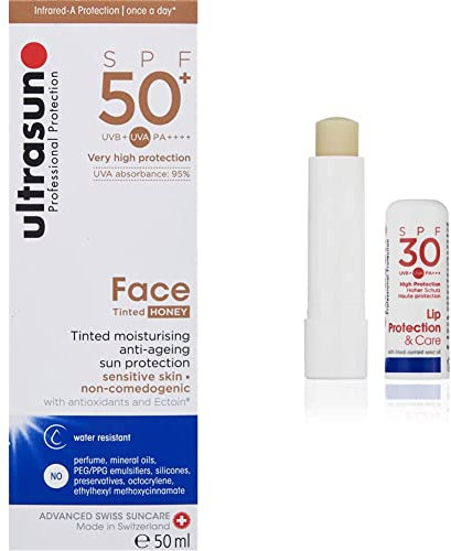 ultrasun 50+SPF Tinted Face, Honey 50 ml & Ultra Lip Protection SPF30, 4.8 g