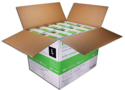 Eukamed Hygiene GmbH Nitril-Handschuhe L, 1000 Stück, puderfrei, latexfrei, hypoallergen, Lebensmittelhandschuhe, medizinische Einweghandschuhe (Karton mit 10 Pack á 100 Stück)(Größe L)