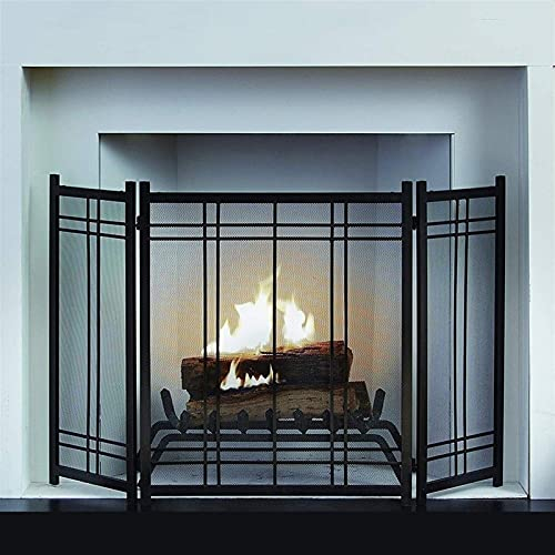 FLBT Kühner und einzigartiger Kaminschutz, flach für Holzöfen, freistehender Herd, Maschengitter, 3-teilig, Feuerschutz, 130 × 82 cm (Color : Black) Needed
