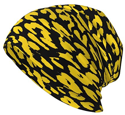 ANGYANG Totenkopfmütze Gelbe und Schwarze Leopardenmuster-Haut-Pelz-Strickmütze Polyester-Sturmhaube Slouchy Beanie-Mütze Laufmütze