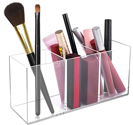 Acrylic Pinselhalter, 3 Fächern Make Up Organizer, Klarer Schminktisch Organizer, Schmink Organizer für Pinsel, Eyeliners, Lippenstift, Schminktisch Zubehör Aufbewahrung, Es Kann Such Stiftehalter